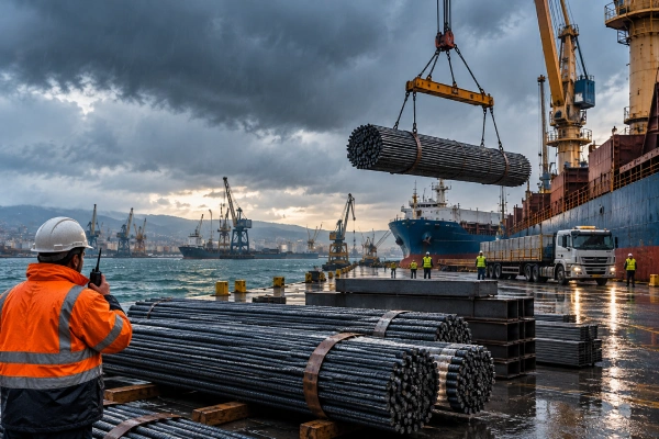 Bundled steel rebar and I-beams beside a cargo vessel at a Caspian Sea terminal